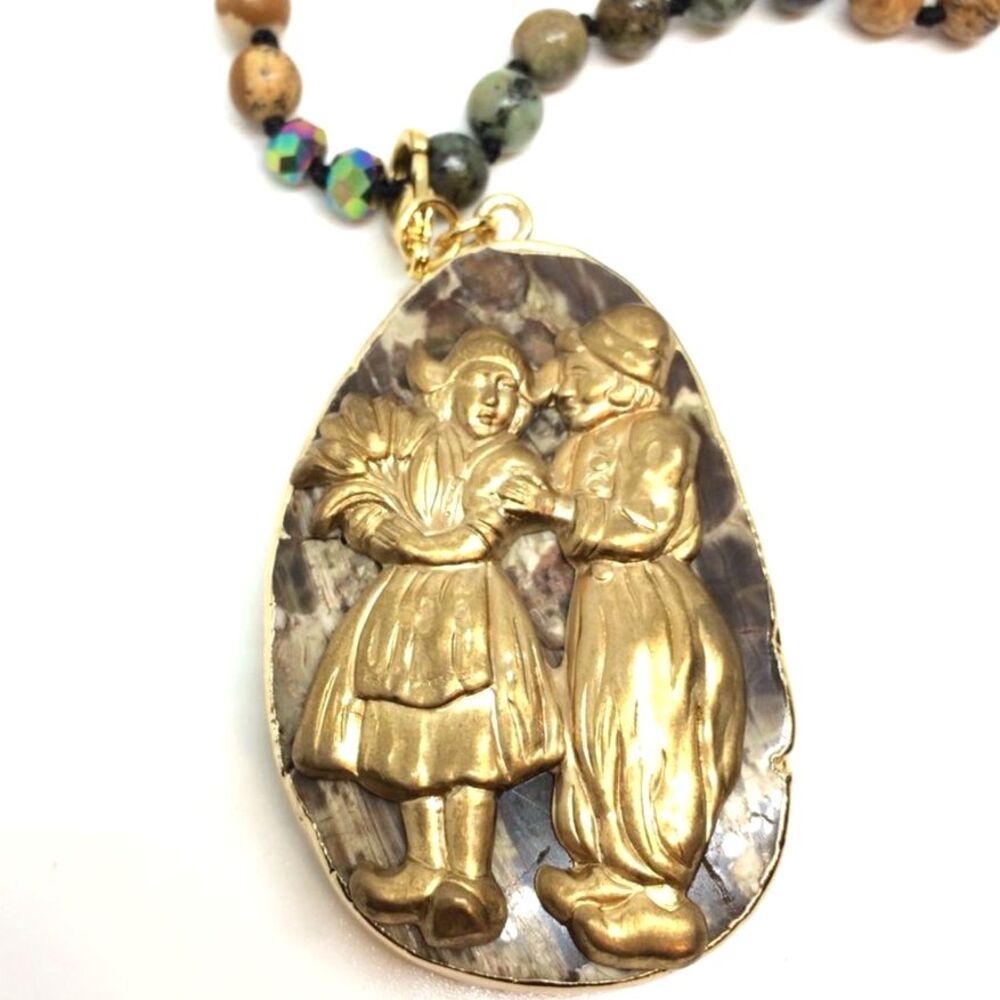 UPCYCLED NECKLACE Agate Gem Stone Boho Pilgrim Pendant Beaded Artisan Statement